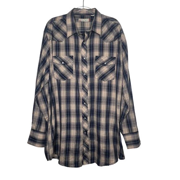 ROPER Pearl Snap Long Sleeve Western Shirt Button Up Check Beige Blue Size 2XLT - Picture 1 of 10